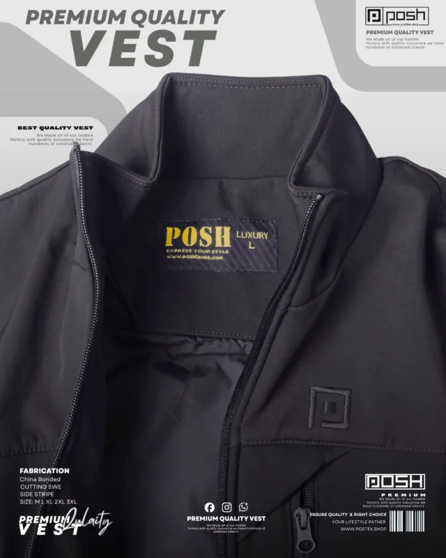 Premium cut-and-sew detailing on men’s black padded vest